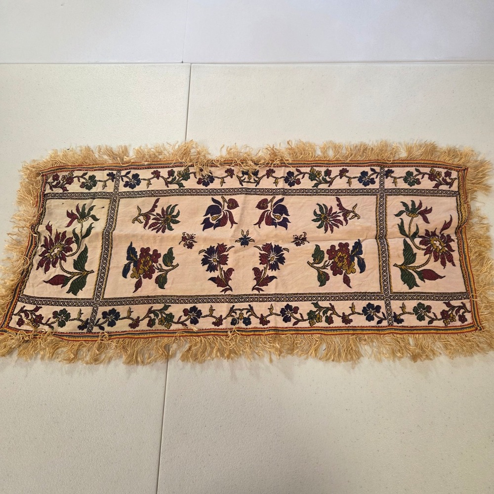 Vintage Floral Woven Fringed Table Runner 14x30 Cream Burgundy Boho Folk Art